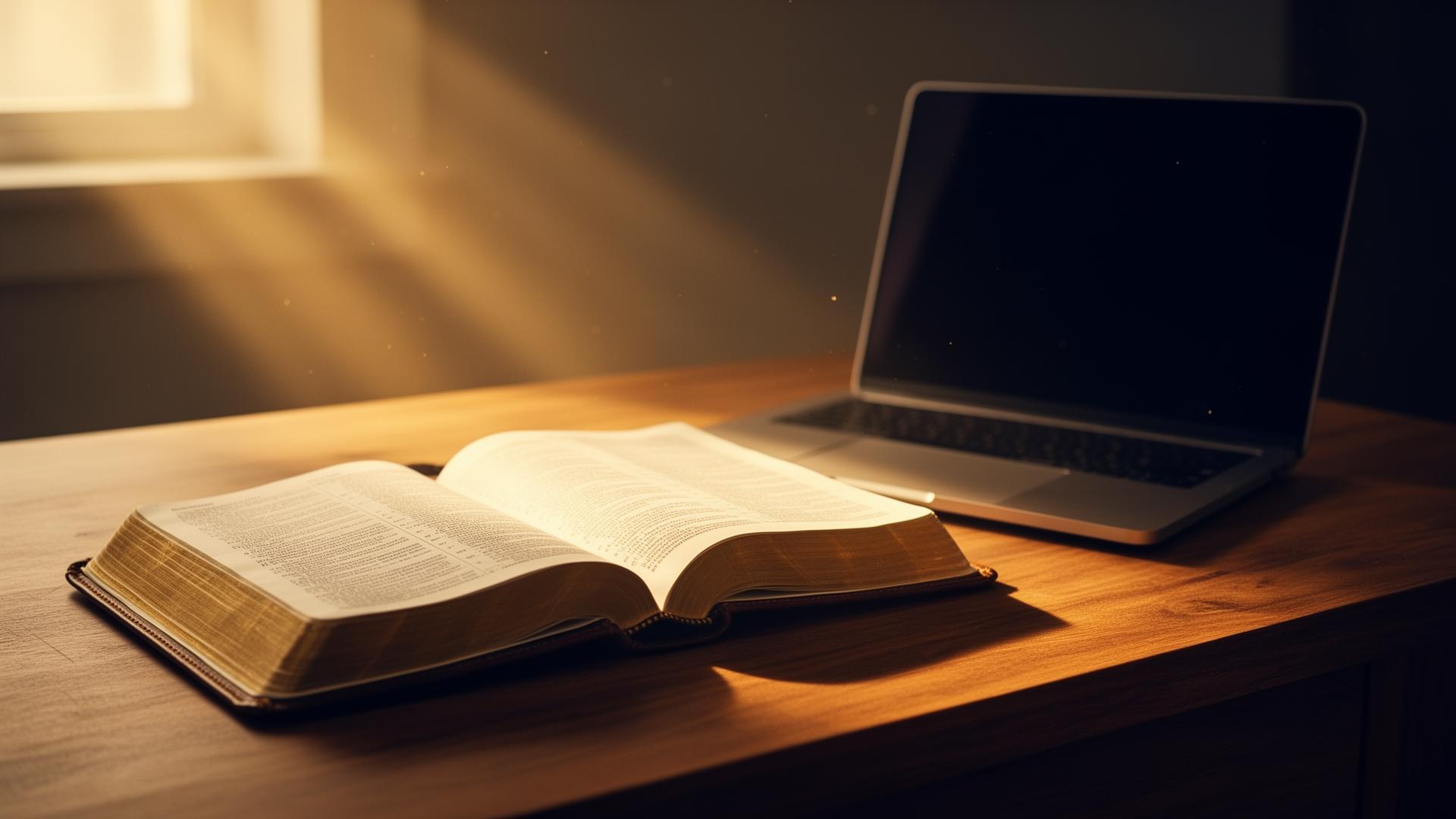 An open Bible beside a laptop in golden morning light